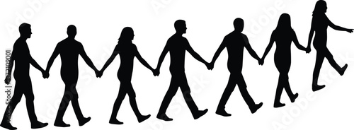 People holding hands walking silhouette illustration representing unity cooperation teamwork social harmony journey concept for community leadership lifestyle banner vector design