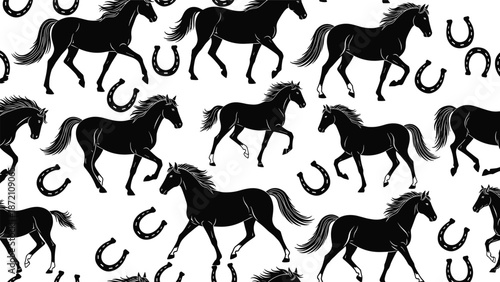 Dynamic black horse silhouettes with scattered horseshoes pattern for equestrian themed wallpaper, textile, wrapping paper, and decorative design use