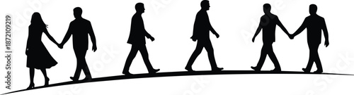 People walking silhouette illustration showing relationships connection partnership independence journey concept for social lifestyle business teamwork banner vector design