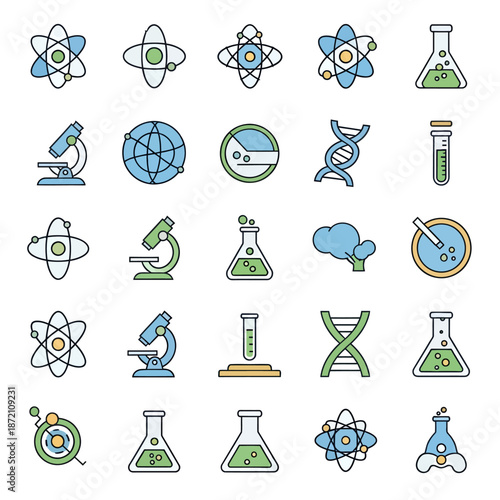 Science Laboratory Equipment and Symbols Icons Set.