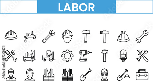 Labor icon set construction tools and equipment symbols