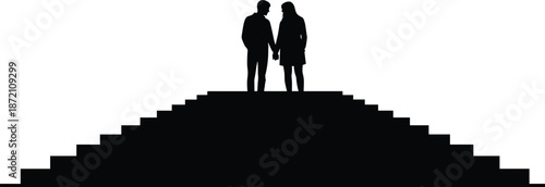 Romantic couple holding hands on steps silhouette symbolizing love journey relationship trust partnership unity minimal vector illustration