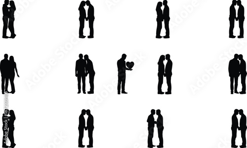 Romantic couple silhouette set illustration showing love gestures intimacy proposal relationships moments for Valentine wedding design decorative vector collection