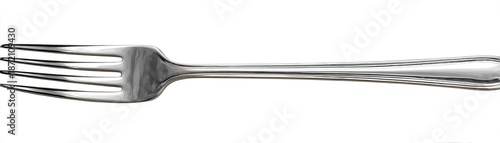 Close-up of a shiny, silver, metal utensil with four tines. It's used for eating food. The handle appears to be polished and smooth
