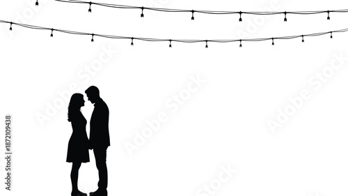 Romantic couple silhouette under hanging lights illustration showing love intimacy evening date concept for wedding Valentine poster vector design