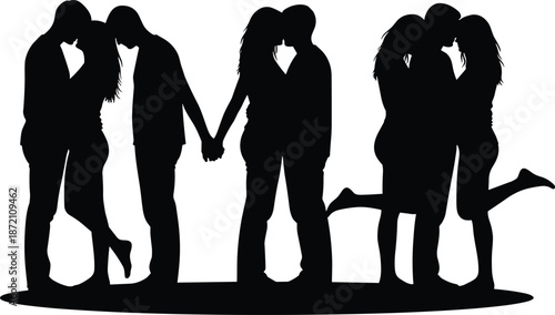 Romantic couples holding hands and kissing silhouette representing love intimacy relationships passion unity minimalist vector illustration concept