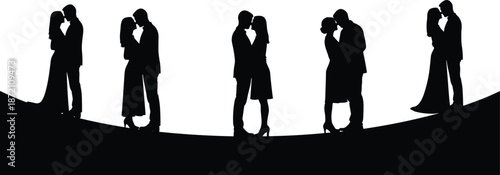 Romantic couples kissing silhouette lineup illustration expressing love intimacy connection harmony moments for Valentine wedding poster decorative vector design