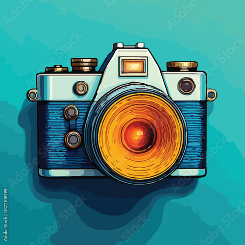 Vintage Camera with Striking Orange Lens and Detailed Design.