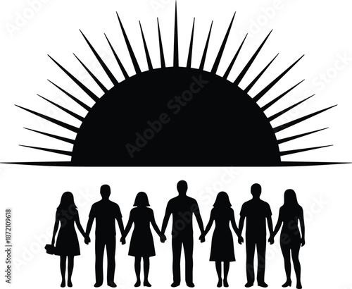 People holding hands under rising sun silhouette illustration symbolizing unity togetherness hope community harmony for social concept poster vector design