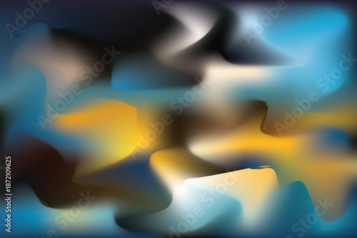 A modern abstract vector background with smooth, flowing shapes and deep blended gradients featuring rich blues, soft yellows, warm browns, and subtle light highlights. The fluid organic forms