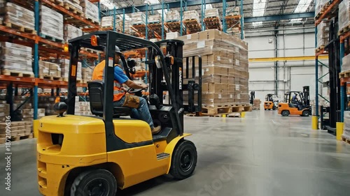 A yellow forklift moves through a wide warehouse aisle as a worker stacks and guides pallets neatly