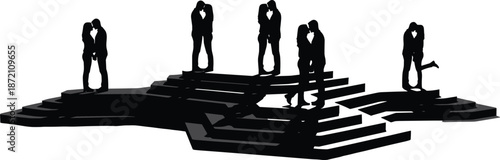 Romantic couples silhouette standing on steps illustration symbolizing love stages emotional connection journey for Valentine wedding poster vector design