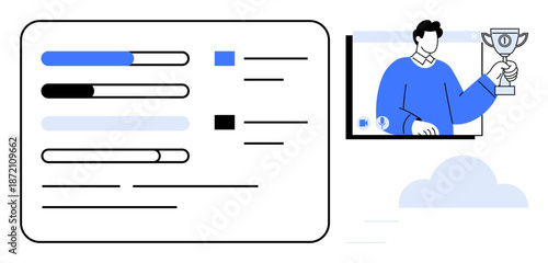Data progress bars displayed on a screen alongside a man holding a trophy on a virtual call, representing achievement, remote collaboration, and analytics. Ideal for business, productivity, success