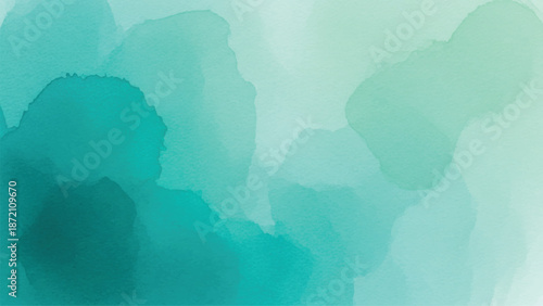 An abstract watercolor background featuring varying shades of teal and light green hues.