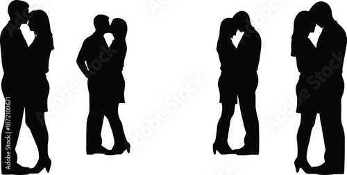 Romantic kissing couple silhouette collection illustration expressing love intimacy passion relationship moments for Valentine wedding poster decorative vector design