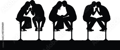 Romantic couples sitting together silhouette illustration showing love intimacy emotional connection relationship moments for Valentine wedding poster vector design