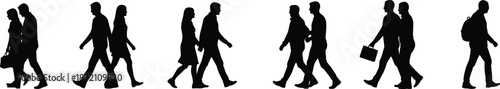 Walking people silhouette collection representing urban lifestyle business commute teamwork daily life crowd movement social concept illustration