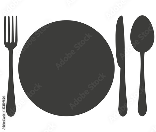 Illustration on a transparent PNG background. Tableware set - plate, spoon, fork, knife.