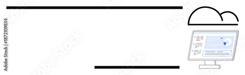Cloud computing, data storage, business analytics, IT solutions, digital transformation, remote tools. A computer screen showing data under a cloud icon. Cloud computing and data storage concept