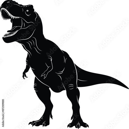 A wild black silhouette and 3d render of a Tyrannosaurus rex dinosaur vector illustration isolated as a cartoon wildlife animal icon