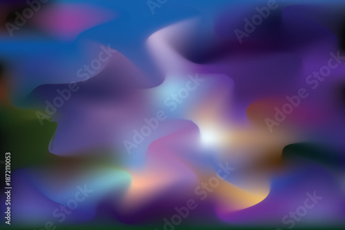 A vibrant abstract background featuring smooth flowing shapes and soft gradient transitions in deep blue, purple, violet, cyan, and warm glowing highlights. The dreamy, fluid composition creates 
