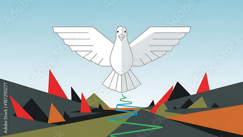 White Dove Over Colorful Geometric Landscape