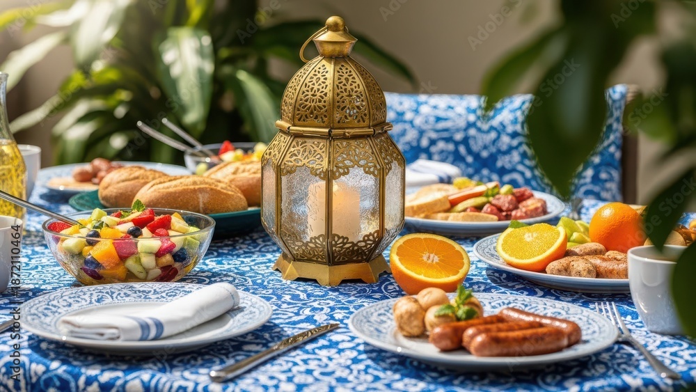 Fototapeta premium A gourmet Easter and Christmas table setting features a fresh salad appetizer and festive egg decorations for a healthy holiday celebration dinner or catering event