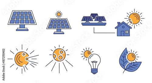 Solar energy generation and application illustrated with panels suns and powered devices