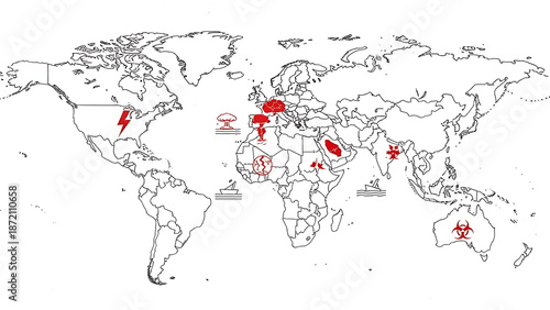 World Map Highlighted with Red Icons Indicating Hazards