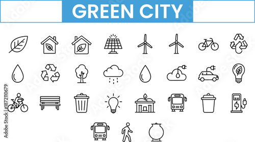 Green city icon set eco friendly symbols for sustainable living
