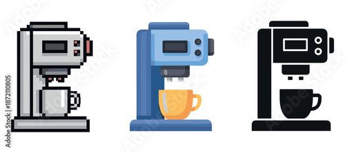 Illustration of three stylized coffee makers: pixelated, flat, and silhouette designs