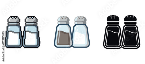 Three salt and pepper shaker designs: pixel, classic, silhouette
