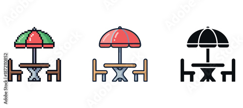 Icon set of outdoor cafe tables with red umbrella in pixel and flat styles