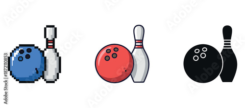 Pixel art and iconic bowling ball and pin designs in various styles