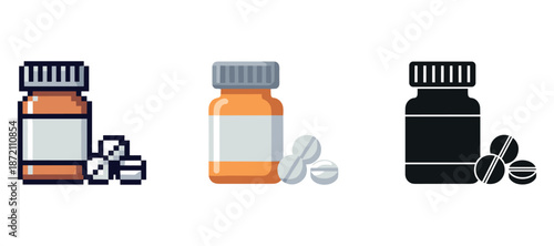 Pixel, flat, and silhouette icons of medicine bottles with pills