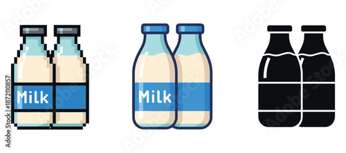 Pixel art, cartoon, and silhouette of milk bottles with blue labels