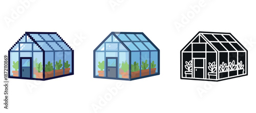 Three greenhouses: colorful, modern, and outline designs for plant growth