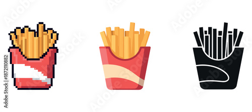 Pixelated, flat, and silhouette french fries in red containers