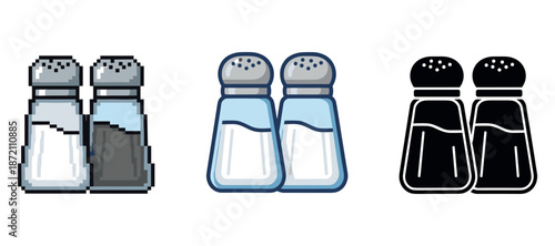 Pixel, cartoon, silhouette salt and pepper shakers in three styles