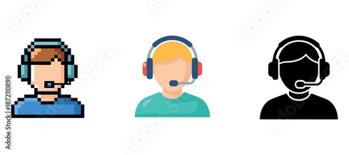 Set of call center icons with headsets in pixel, flat, and silhouette styles