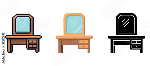 Vintage wooden vanity tables with mirrors in pixel, flat, and silhouette styles