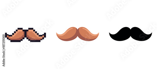 Three styles of mustaches: pixel art, cartoon, silhouette