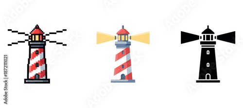 Pixelated, colored, and silhouette lighthouse icons on white background