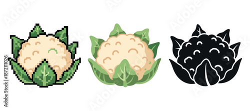 Cauliflower icons: pixel art, cartoon, and silhouette styles on white background