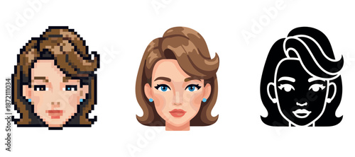 Various styles of female portraits: pixelated, illustrated, silhouette
