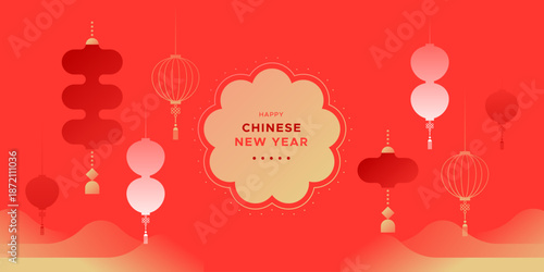 Happy Chinese New Year modern paper lantern illustration in abstract style. China culture festival event design with gold fortune decoration and asian symbol art.