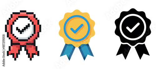 Three styles of checkmark ribbons: pixelated, colorful, and silhouette versions