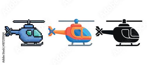 Pixel, colorful, and silhouette helicopter icons on white background