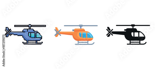 Pixel, vector, and silhouette helicopter designs on white background