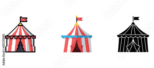 Three iconic circus tents with red stripes and flags in diverse artistic styles
